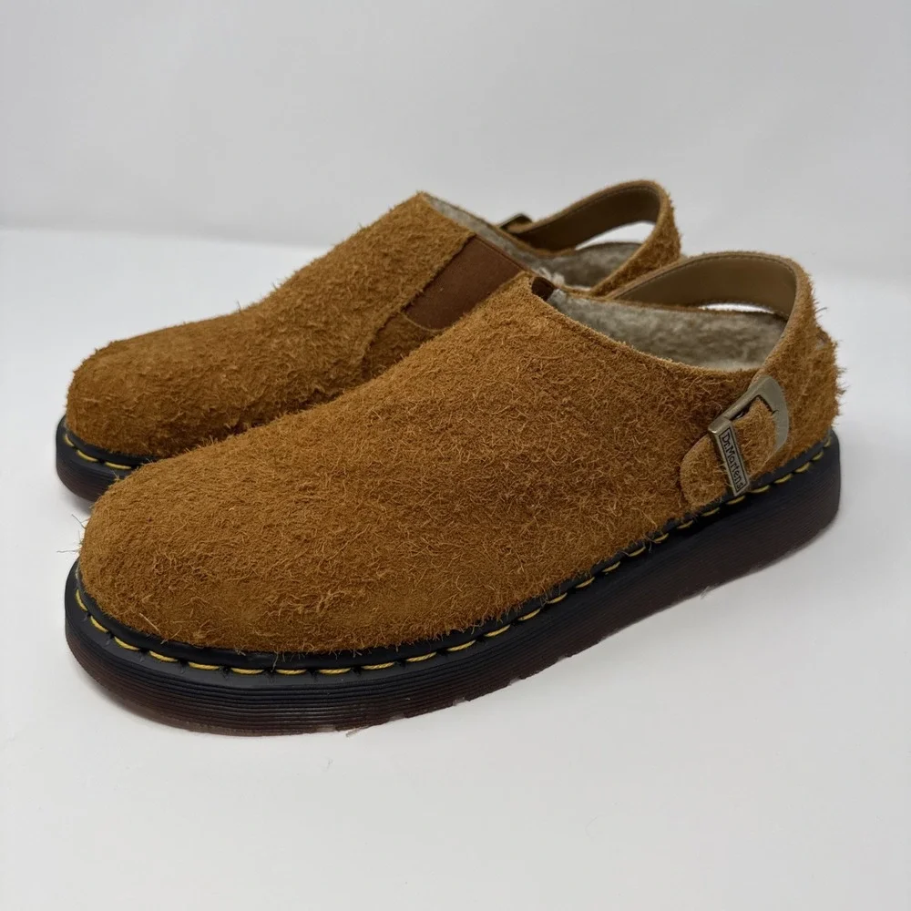 Dr. Martens Isham Tan Suede Faux Fur Lined Mules Mens 11 Womens 12 Brown NEW